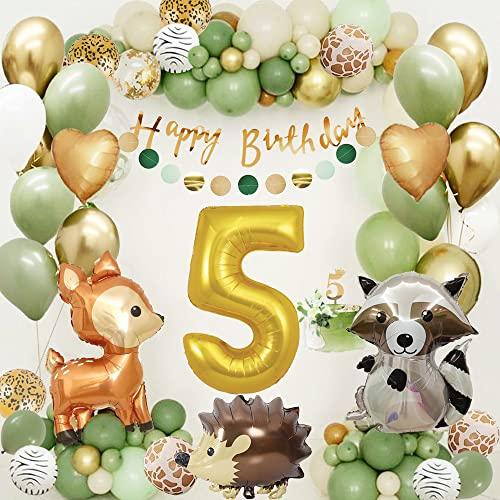 5 Geburtstag Junge Mädchen, Dschungel Kindergeburtstag Deko 5 Jahr, Grüne Luftballon 5 Geburtstagsdeko, Wild Geburtstagsdeko, Waldtiere Alles Gute zum Banner für Kinder Deko