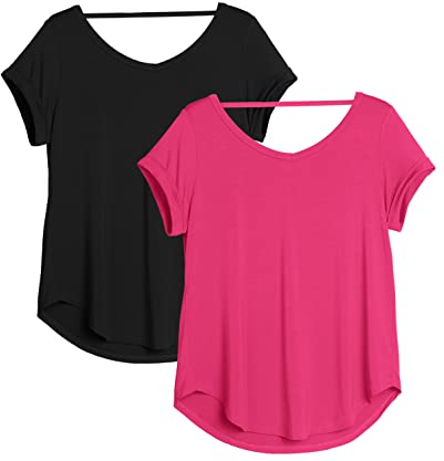icyzone Damen Rückenfrei Yoga T-Shirt Kurzarm Sport Freizeit Tops Lose V-Ausschnitt Shirt, 2er Pack (S, Schwarz/Pink Lychee)