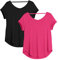 icyzone Damen Rückenfrei Yoga T-Shirt Kurzarm Sport Freizeit Tops Lose V-Ausschnitt Shirt, 2er Pack (S, Schwarz/Pink Lychee)