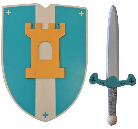 Ritter Schwert und Schild aus Holz, Handgefertigtes - Spielzeug für Kinder, Jungen und Mädchen - Kompliment für Spiele, Imitationsspiele, Kostüm, Mittelalter, Krieger, Mottoparty (Türkis, 30 cm)