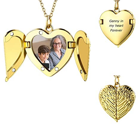 INBLUE Collar Foto Personalizado Colgante Mujer Medallón de Corazón Ángel Alas Girasol Inciso Mensaje Material Acero Inoxidable Regalos para Parejas, Madre, Hija (Oro Corazón Ángel Alas)