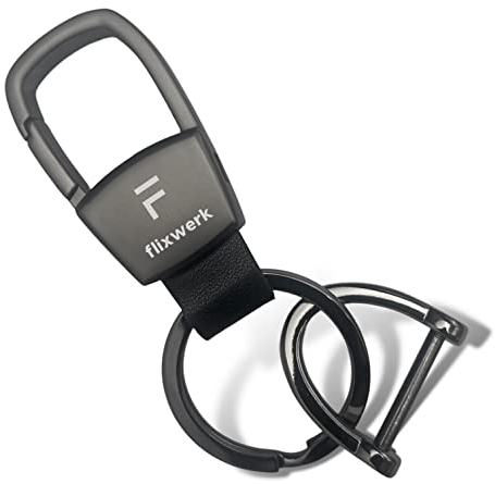 flixwerk® - Schlüsselanhänger mit Karabiner Karabinerhaken aus Metall und Leder, Auto Schlüsselanhänger mit 2 Schlüsselringen inkl. Schraubendreher (Schwarz)