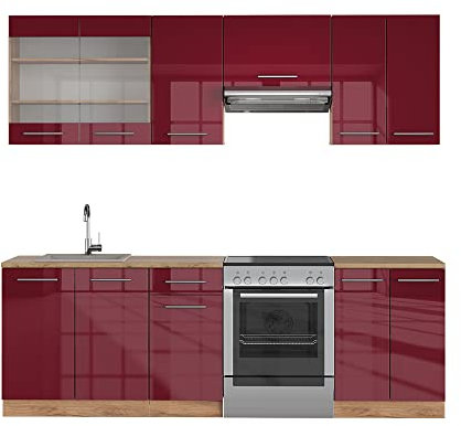 Vicco Küchenzeile Fame-Line, Bordeaux Hochglanz/Eiche Gold, 240 cm ohne Arbeitsplatte