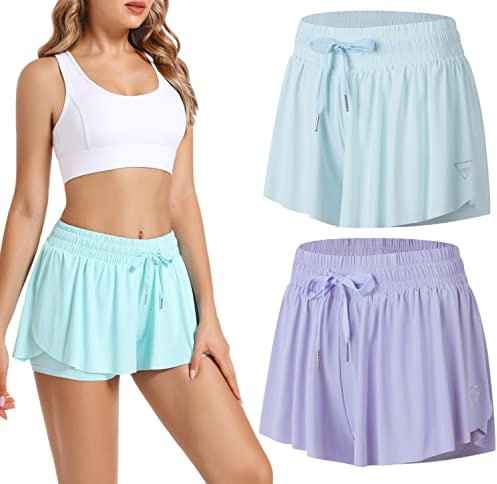 Pantaloncini da corsa 2 in 1 da donna, sportivi, palestra, yoga, allenamento, spandex, farfalle, biker, lounge, abbigliamento estivo, 2 pezzi viola chiaro verde, XL