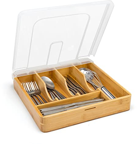 QINOL Besteckkasten für Schubladen mit Deckel, Tragbar Kunststoff Schubladen Organizer mit Abnehmbarem PVC-Deckel, Schutz vor Staub küche Kunststoffablage für Besteck, 5 Fächer, Bambus