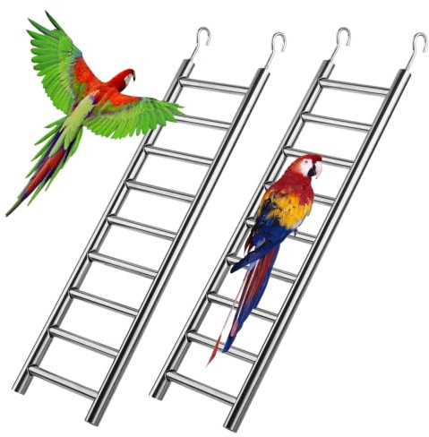 2pcs Parrot Ladders, 9-Step Bird Exercise Toy Play Ladder with Hooks for Cages, Rust-Proof Stainless Steel Climbing Ladder Perch Toy for Parrots Parakeets Cockatoos Lovebirds, Easy to Clean