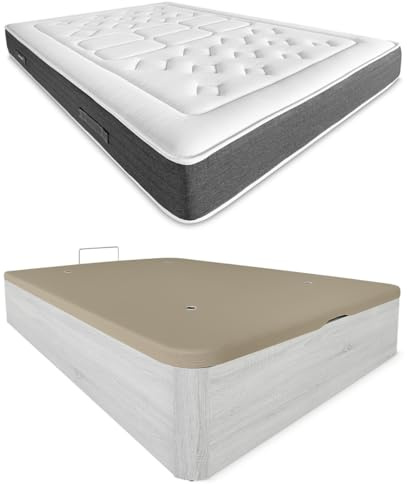 DUÉRMETE ONLINE Polar Pack Viskoelastische Matratze, Bio-Natur, Dicke 24 cm + Boxspringbett aus Holz, hohe Kapazität, Farbe, 90 x 190 cm