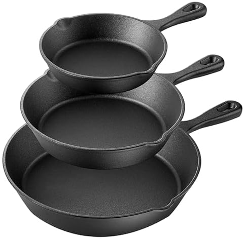 MEETOZ Juego de 3 sartenes de hierro fundido antiadherente de hierro fundido para pretratamiento. Juego de utensilios de cocina de calidad profesional para chef de restaurante. 6, 8, 10 pulgadas,
