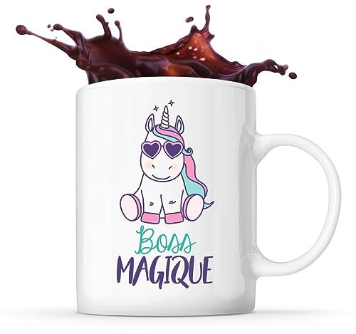 Tasse Blanche Boss Magique Licorne | Idée Mug Cadeau Humour Collègue famille Femme Anniversaire Noël