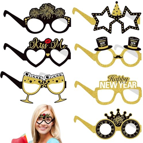 Zkaoai 8 Stücke Silvester Brille, Frohes Neues Jahr Brillen, Silvester Brillen, Papier Neujahr Partybrillen, Happy New Year Partybrille, Silvester Deko für Erwachsene und Kinder Happy New Year Deko