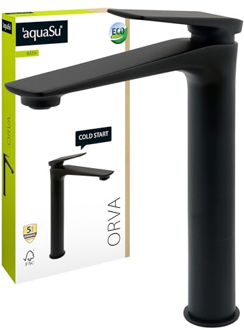 'aquaSu® Waschbeckenarmatur schwarz Orva, Einhebelmischer mit Wasserspar-Mischdüse, Kaltwassermittelstellung, Schaftbefestigung, Wasserhahn für Aufsatzwaschbecken, Messingkern, 795821