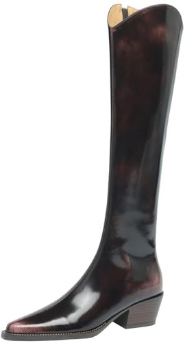 CHICMARK Bottes western décontractées pour femme en cuir de vachette avec bout pointu et talons épais et fermeture éclair latérale, Rose, 35 EU
