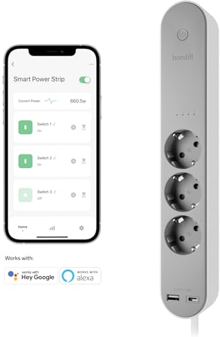Hombli Smart Steckdosenleiste mit 3 AC & 2 USB Ausgänge | WLAN Mehrfachsteckdosen mit Überspannungsschutz & Kinderschutz | Energieüberwachung | Wandmontage | 1.5m Kabel | Kompatibel mit Alexa & Google