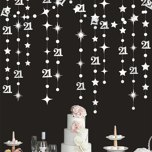 Decoraciones plateadas de 21 cumpleaños número 21, guirnalda de estrellas centelleantes metálicas para colgar, telón de fondo para niñas y niños, saludos a 21 años, finalmente legal, decoración de