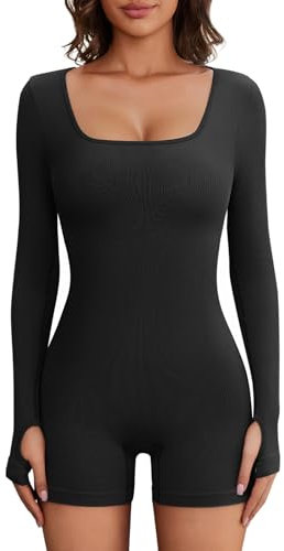Nadeer Jumpsuit Damen Bodysuit Langarm Einteiler Quadratischer Overall Stretch Eng Romper Gerippter mit Kurze Hose für Yoga Sport Casual(Schwarz,L)