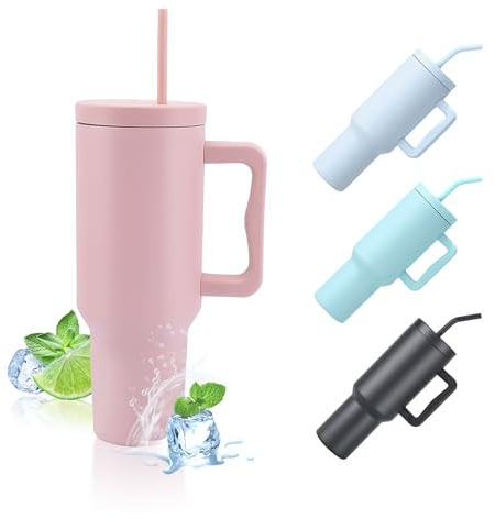 GOOFIT 1180 ml Vaso aislado con tapa y pajita Acero inoxidable de doble pared con asa Actualización Taza de café reutilizable Taza de viaje Taza de viaje Taza de coche Taza térmica Rosa claro