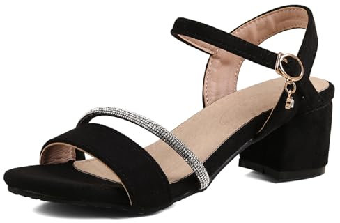 OALEEN Sandales Nu-pieds Femme Eté Petit Talon Carré Bride Cheville Strass Suède Confortable Chaussures Ouverte Soirée Noir 46