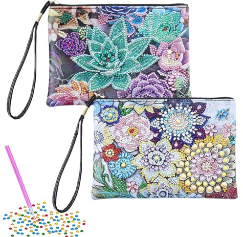 Mecmbj Diamond Painting Kinder, 2 Stück, Kosmetiktasche, Malerei, Blumen, bemalt mit Diamanten, Diamantmalerei, für Kinder 7 8 9 10 11 12 Jahre, Geschenk zum Geburtstag, kreative Freizeit, Mädchen, 8
