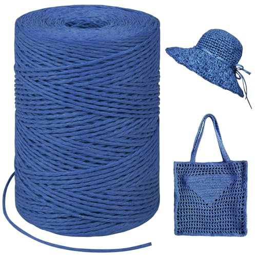 LEREATI Raffia Garn zum Häkeln, Bastband Natur 1.5mm x 300m Papiergarn Geschenkbänder, Bändchengarn zum Häkeln, Papierdraht zum Häkeltaschen, Körbe, Hüte, Geschenkverpackung (Königsblau)