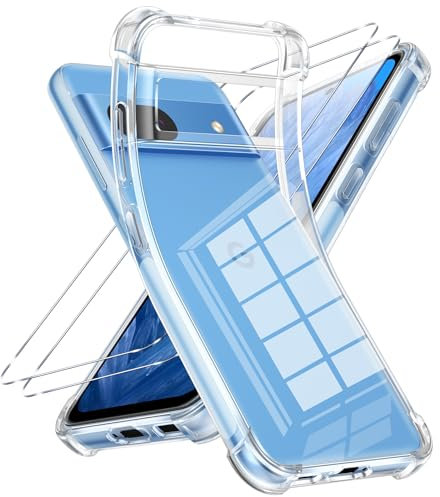 Vauki Coque pour Google Pixel 8A 6.1 Transparente avec 2 Verre Trempé, Antichoc Silicone Souple TPU Étui Housse de Téléphone Protection Renforcés Anti-Rayures Bumper Clair Clear Case pour Pixel 8a