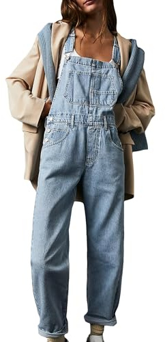 Fiacafyo Women Casual Wide Leg Denim Dungaree Jumpsuit Loose Fit Jean Denim Bib Jumpsuit High Waist Jean Pants Jumpsuits with Pockets (A-Light Blue, L)