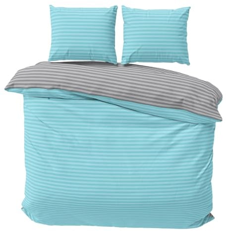 Visaggio Premium Bettwäsche 200x200 cm Türkis Grau Damast Streifen Bettbezug Wendebettwäsche Deckenbezug 70% Baumwolle 30% Polyester 3 teilig