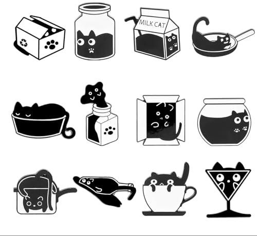 TELAIN Lot de 12 broches en émail chat noir - Animaux animés Kawaii - Broches créatives en métal pour sac à dos, chapeau, vestes, sacs, vêtements, accessoires, cadeaux