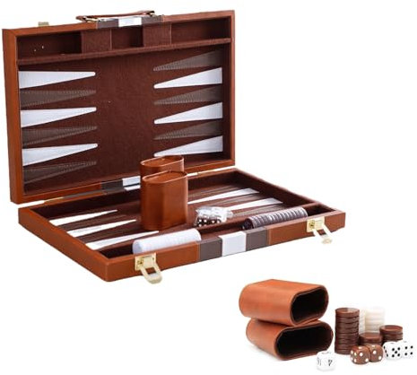 Backgammon Backgammon-Spiel mit Intarsien aus Holz, 2 Spieler, klassisches Backgammon-Spiel für Erwachsene, mit hochwertigem Lederetui, tragbar und reisefreundlich