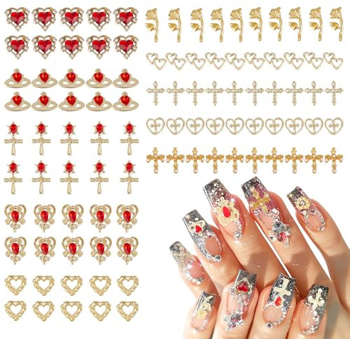 NICENEEDED 100 Pcs 3D Gold Nail Charms Set, Cross Nail Charms Heart Nail Gems Red Rhinestone Charms Rose Nail Art Jewelry, 3D Chrome Nail Art Supplies Charms for Women