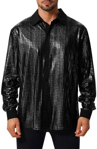 Odizli 70er Jahre Outfit Herren 80er 90er Jahre Hippie Glitzer Pailletten Langarm Hemd Glitzerhemd Silvester Party Schlager Mottoparty Disco Festival Karneval Abba Kost�m Faschingskost�me Schwarz XL