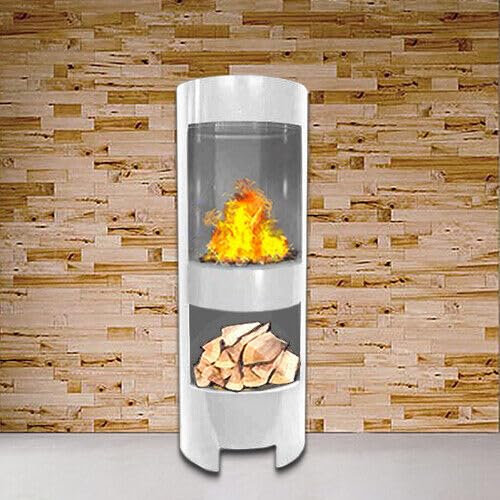 Gelkamin in weiß mit Holzfach Säule Ethanolkamin Gel-Kamin Wandkamin