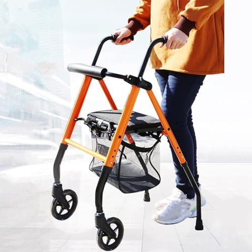 ENWYTE Andador con Asiento y Bolsa, Altura Ajustable, Plegable, Ayuda a la Movilidad for Adultos, Personas Mayores, Andador Ligero for Interior y Exterior, Andador Estable con Frenos de Mano(Orange)