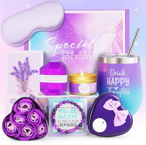 MUJUZE Cadeaux pour femmes, Coffret cadeau “Drink Happy Thoughts”, Gobelets à vin pour anniversaire, Idée de cadeau pour les fêtes, Présent spécial pour femme, Cadeau d'anniversaire unique