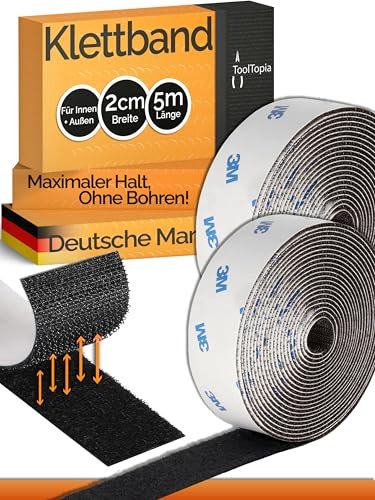 Klettband Selbstklebend Extra Stark Outdoor & Indoor 20mm x 5m schwarz (3M Markenkleber), Klett I Klettverschluss Klebeband, Handwerksqualität