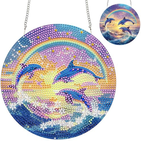 Zariocy Diamond Painting Anhänger - Regenbogen Delfin Meerestiere Fenster deko Hängen, Lichtfänger für Haus (Haustür, Veranda) - DIY Diamantkunst Anhänger Kit für Erwachsene 20x20 cm