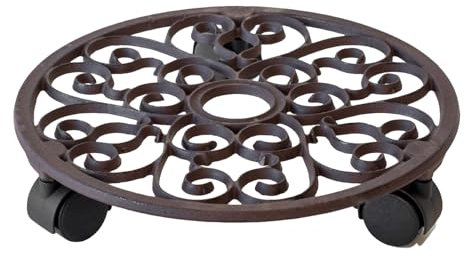 Darthome Cast Iron Round Plant Trolley 29cm Pot Mover Stand with Wheels Indoor Home Decor