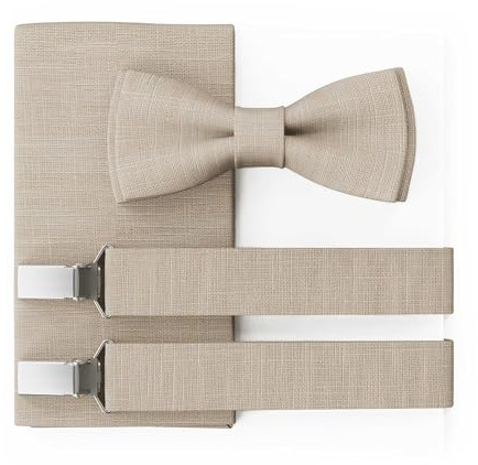MAY-TIE Herren Leinen Fliege Set | Hochzeitsfliege vegan vorgebunden | Leinenfliege Natur Beige | Optional mit Einstecktuch & Hosenträger | Large Batwing