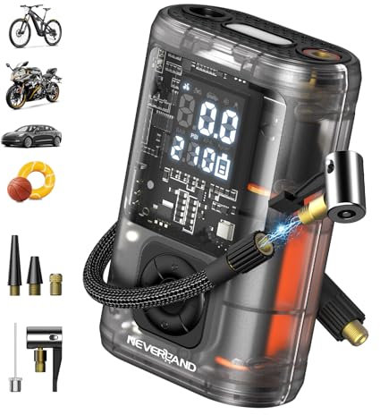 NEVERLAND Elektrische Luftpumpe Akku Fahrradpumpe – 150 PSI Kabelloser Akku Luftpumpe mit Manometer, U-Schloss, 3 Modi LED-Licht, Auto-Off,Mini Reifenpumpe für Auto, Fahrrad, Motorrad, Ball