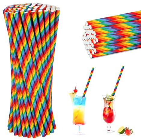 100 Pcs Rainbow Paper Straws, Biodegradable Paper Straws, Recyclable Biodegradable Colorful Striped Straw Environmentally Friendly Disposable Drinking Straw for LGBQT Pride Day Birthday