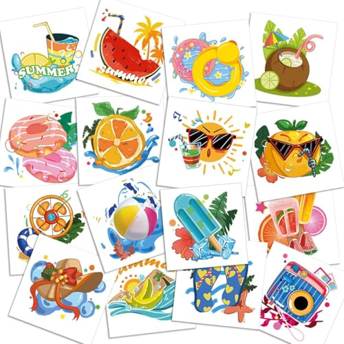 Sommer Aufkleber für Kinder, Hawaiianische Tattoo Aufkleber, Sommer-Glitzer-Tattoos mit Früchten, für Hawaii Partygeschenke, Geburtstagsparty, Scrapbooking, Tagebuch, Basteln (B)
