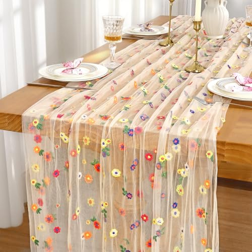 Tüll Stickerei Tischläufer Champagner 72X300cm Käsetuch Tischläufer Chiffon | Blumen Tisch Dekoration Gaze Käsetuch Tischdecke Gänseblümchen Table Runner Küche Drinnen Party Geburtstag Tischdeko