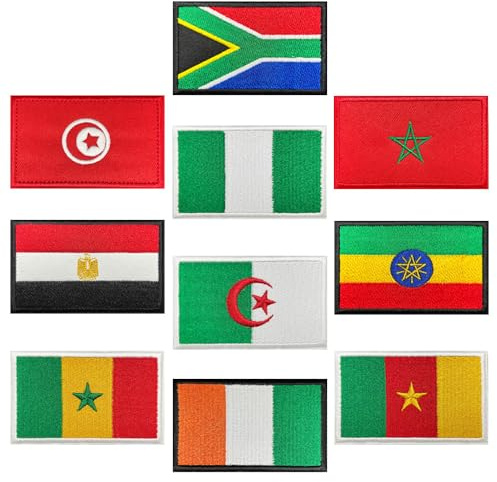 Lot de 10 patchs brodés à crochet - Égypte, Maroc, Éthiopie, Algérie, drapeau - Compatible avec - Pour jeans, vestes, sacs à dos, vêtements, casquette de baseball, uniforme, gilet, équipement