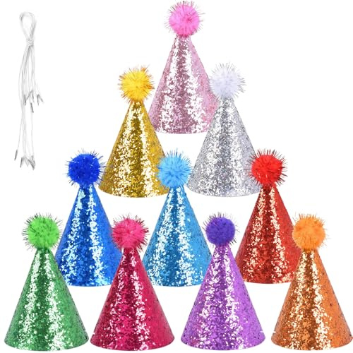 MUNSKT Partyhüte mit Bommel, 10 Stück kegelförmige Partyhüte mit verstellbarem Stirnband, wiederverwendbare Happy Birthday-Hüte für Jungen, Mädchen, Kinder, Erwachsene