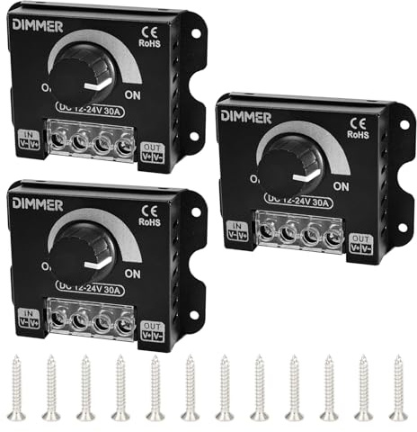 3 Stück LED Dimmer DC12 V/24 V, 30 A PWM Dimmregler mit Drehknopf, Dimmer Schalter für einfarbige LED-Lichtstreifen, Dimmerknopf zum Einstellen der Helligkeit