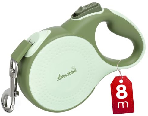 Indragbart hundkoppel 8 m, rullkoppel med bettbeständigt stålrep och stänkfickhållare, trasselfri design, snabbbroms och halkfritt handtag, för hundar upp till 50 kg, för träning, skog, strand