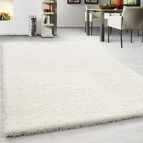 Teppium Moderner Hochflor Teppich Wohnzimmer 140 x 200 cm Creme - Shaggy Flauschiger Teppich, Extra Weich, Pflegeleicht und Einfarbig - für Schlafzimmer, Küche und Esszimmer