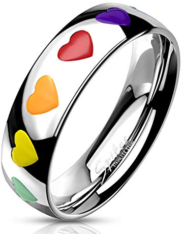 Bungsa 57 (18.1) REGENBOGEN Herz Ring Damen - silberner EDELSTAHLRING für Frauen mit bunten Herzen - DAMENRING mit grünem, gelbem, orangem, rotem & violettem Herz - RAINBOW LGBT Gay Pride