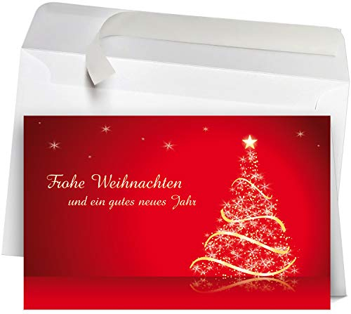 50 Premium Weihnachtskarten mit Umschlag Set für Firmen, hochwertige Klappkarten 19 x 12 cm groß, Weihnachtsbaum Sterne rot