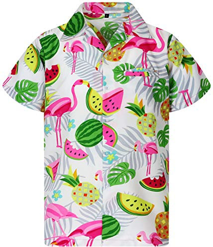 King Kameha Funky Chemise-Hawaienne, Manche-Courte, Flamingo-Melon, Blanc, S
