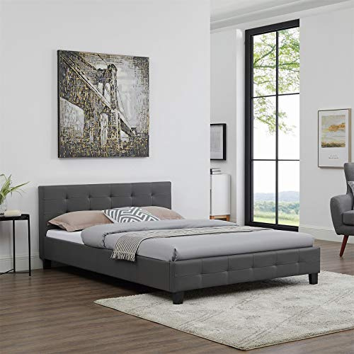 IDIMEX Lit Double pour Adulte Mathieu Couchage 140 x 190 cm avec sommier 2 Places / 2 Personnes, tête et Pied de lit capitonnés, revêtement synthétique Gris